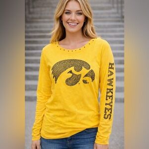 Iowa Hawkeyes Rhinestone Long Sleeve Shirt Women’s Large Yellow Bling Top